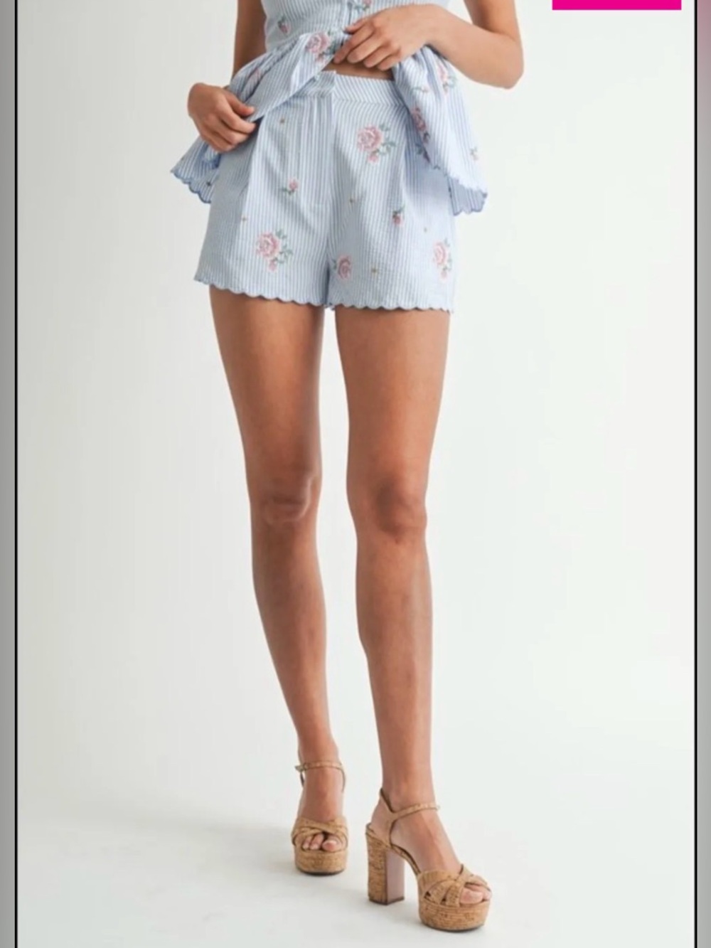 Mable Blue Striped Floral Embroidered Shorts M Scalloped Hem Cottagecore NEW